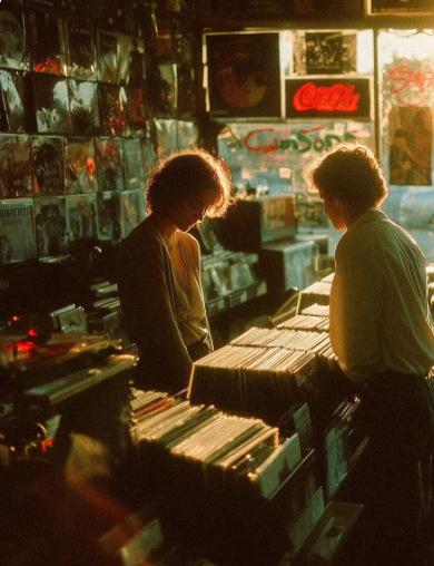 Two people browsing records in a sunlit record shop