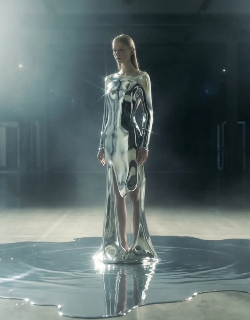 A silver liquid-metal gown moving over a reflective pool in an industrial studio